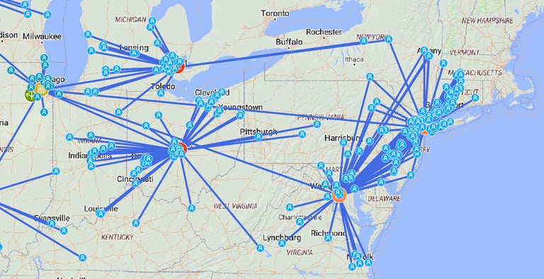 Mapa con puntos de la cadena de suministro mapeados