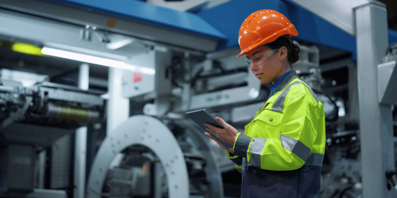 Engineer standing in an industrial plant checking their schedule on a tablet