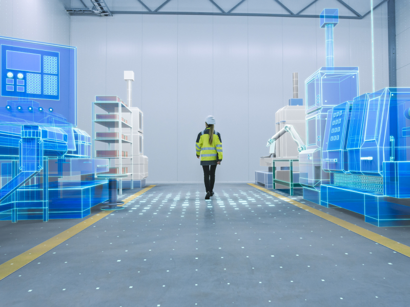 Worker walking between simulated machinery