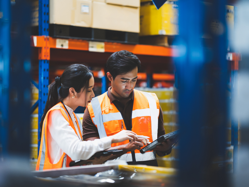 Two warehouse workers view tablet