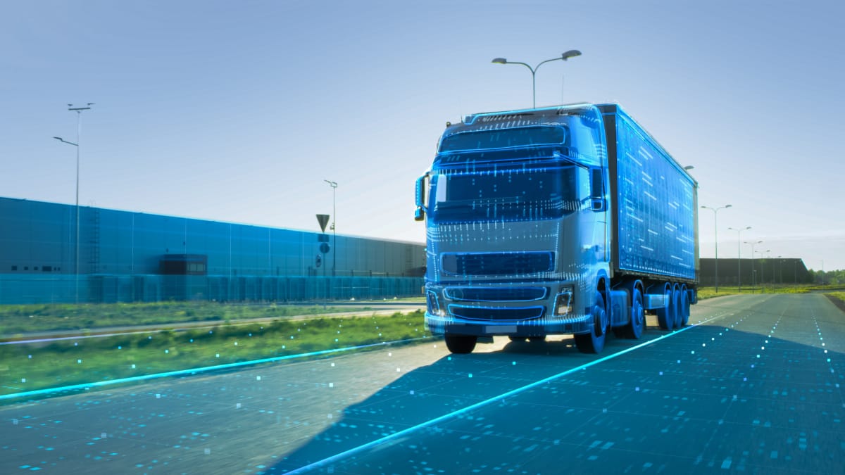 Semi truck driving with virtual simulation overlay